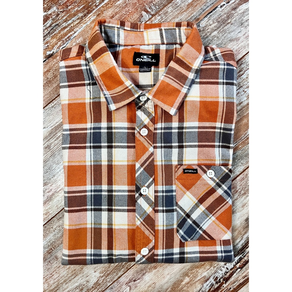 O'Neill Plaid Flannel Shirt Men's Large Orange Brown Standard‎ Fit